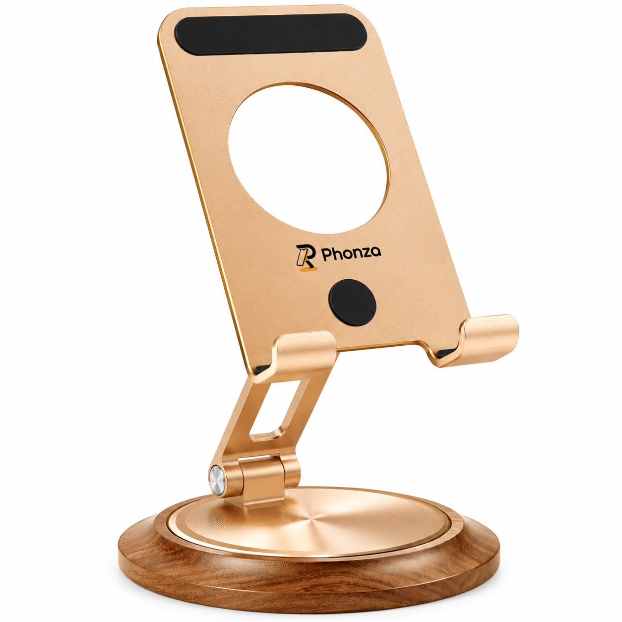 Phonza Adjustable Metal Mobile Stand with Round Wood Base, Gold Desktop Phone Holder