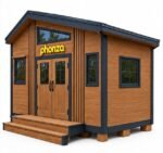 phonza Outdoor Storage Shed Cabin with Glass Window Double Doors - Natural Wood & Dark Grey