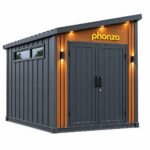 phonza All-Metal Outdoor Storage Shed with Sloped Roof, Double Doors and Wood-Grain Finish Trim - Dark Grey