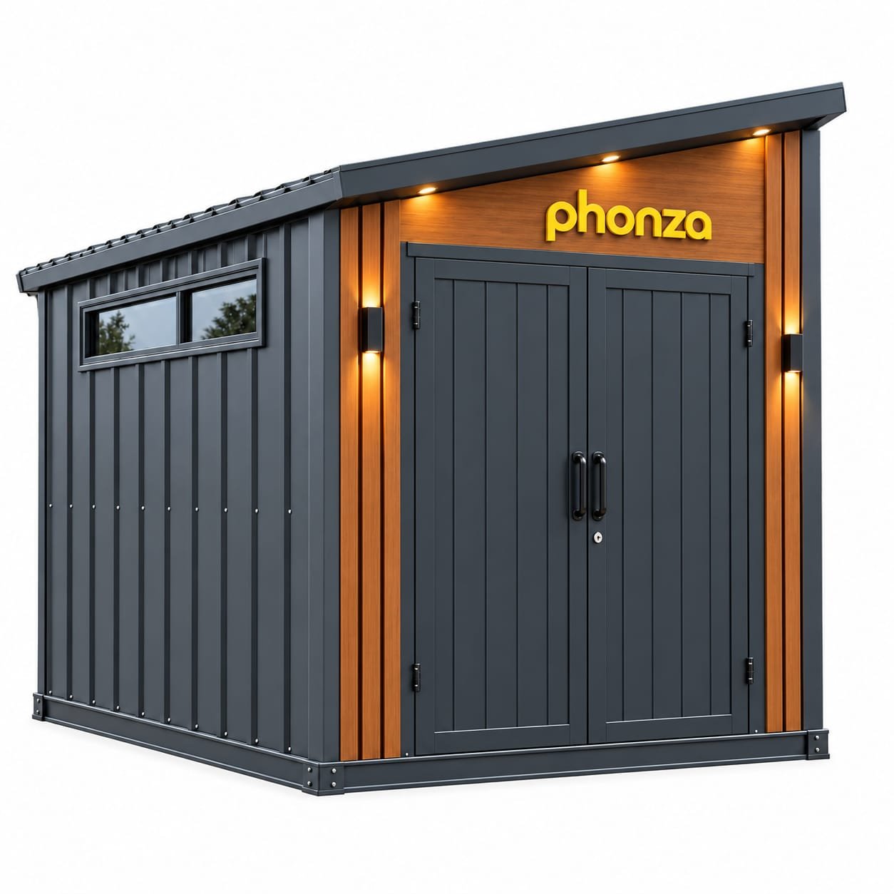 WhatsApp Image 2026-10-23 at 3.25.03 PM (2) phonza All-Metal Outdoor Storage Shed with Sloped Roof, Double Doors and Wood-Grain Finish Trim - Dark Grey - Image 1