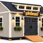 Phonza Outdoor Wooden Garden Storage Shed with Double Doors and Windows - Gray and Black